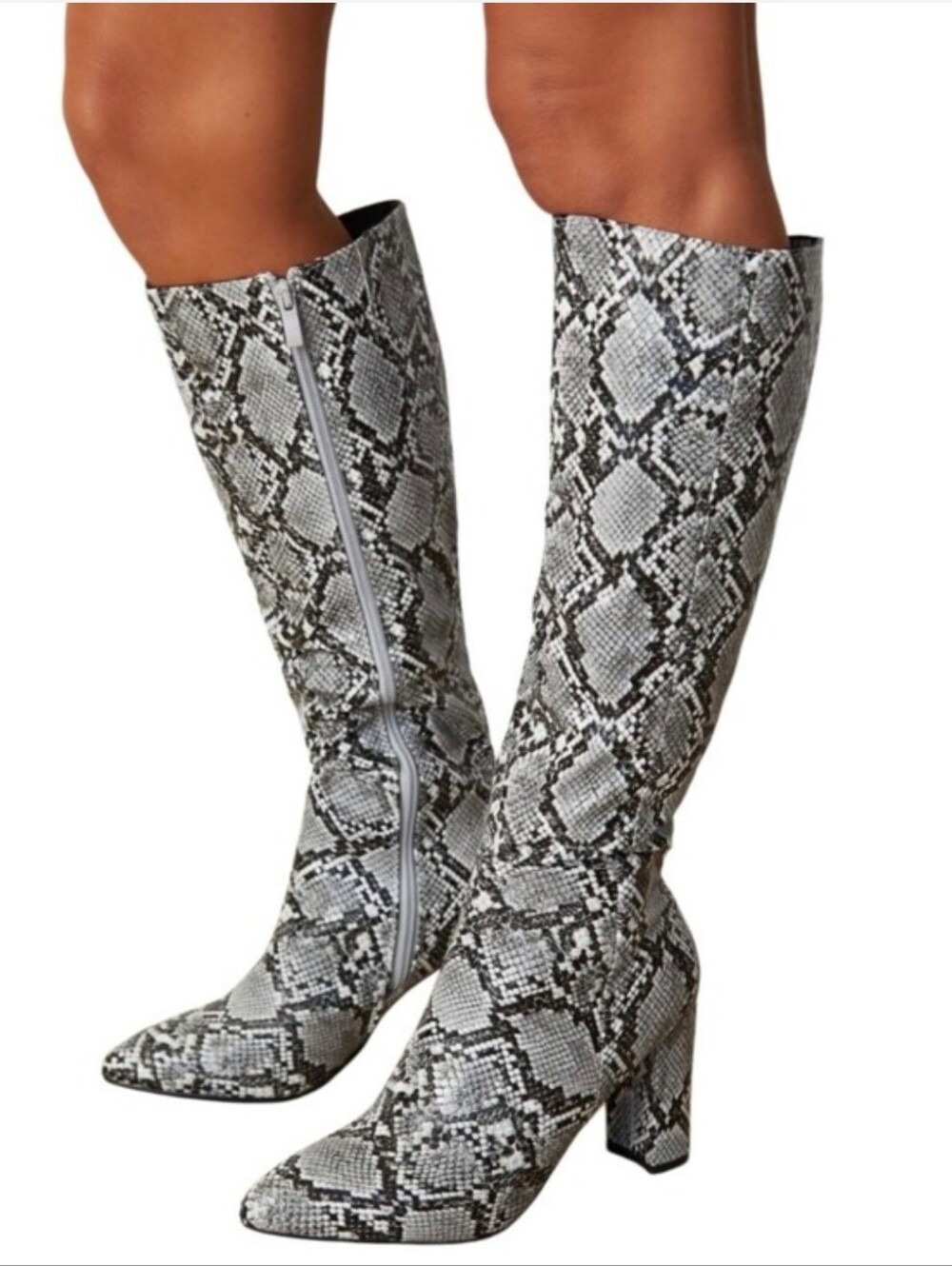 a new day Snake-Print Over-the-Knee Block Heel Boots - White, Gray